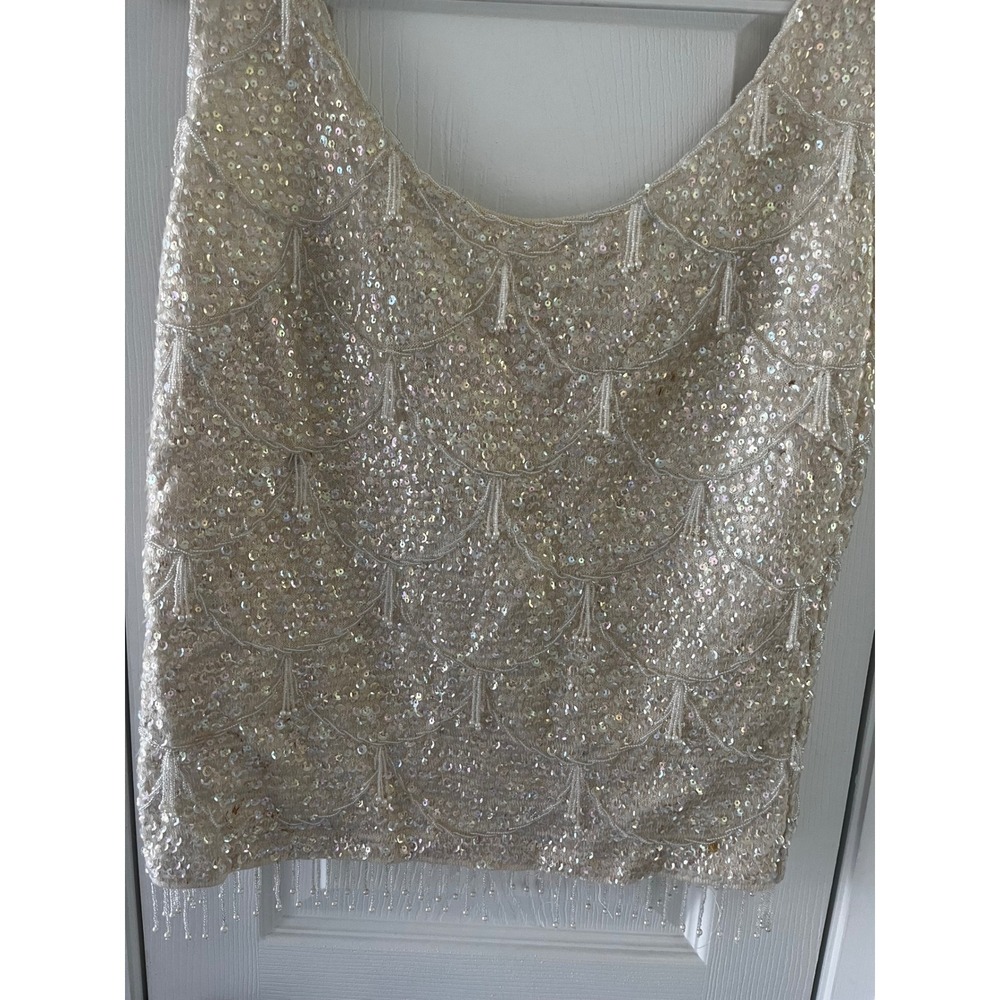 Vintage Wool Sequin Beaded Fringe Shell Top Cream Iridescent Small Flapper - Picture 10 of 14